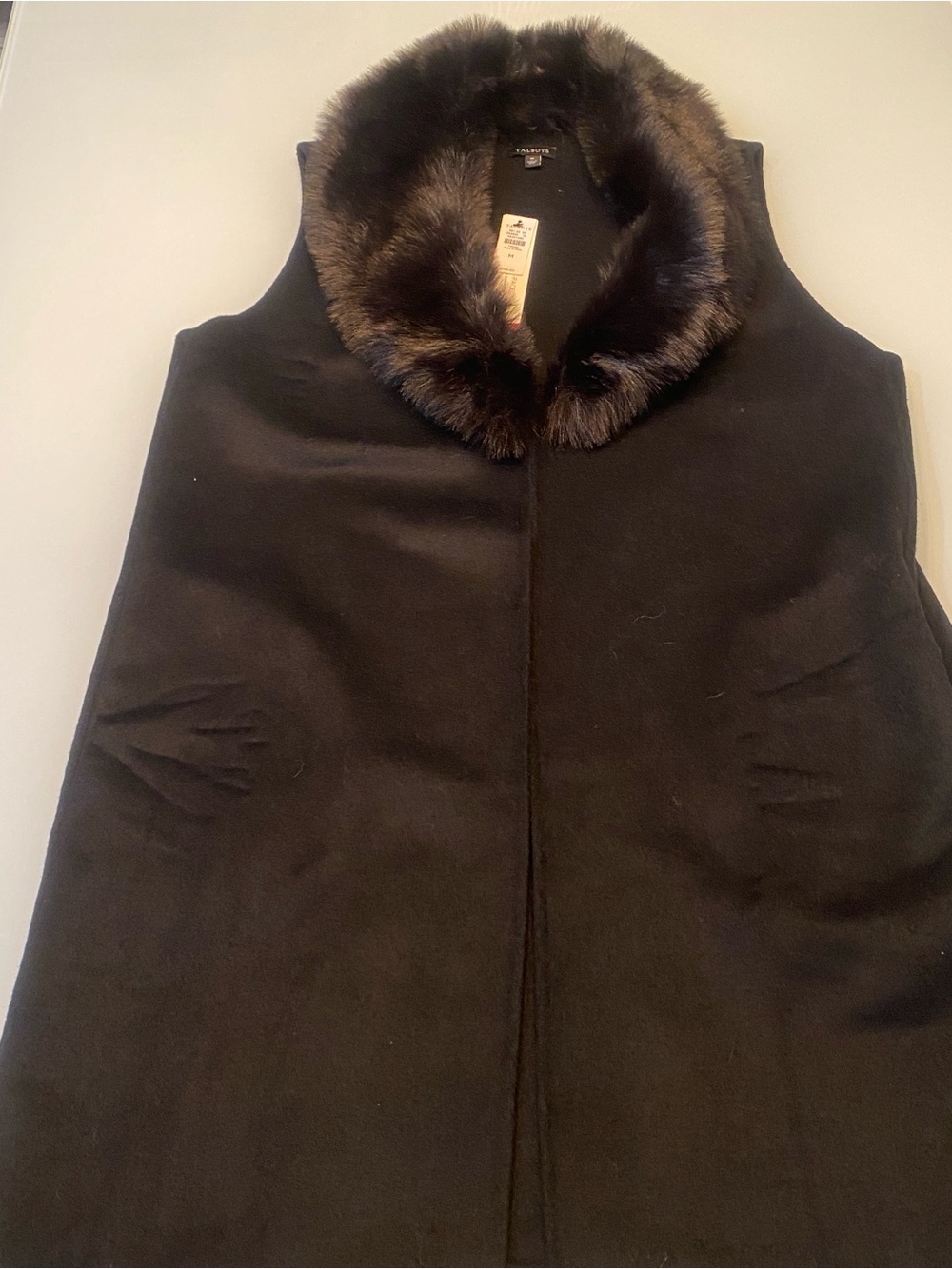 NWT Talbots Double-Faced Wool Long Vest Detachable Faux Fur Collar Black Medium